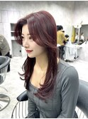 韓国風ヘア レッドブラウン カーテンバング