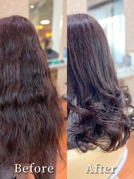 アークスヘアー 髪質改善カラーラベンダーベージュ毛先パーマ透け感