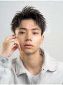 アップバング短髪スパイカーショートツーブロック緩めパーマ
