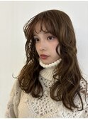 ミディアムパーマデジタルパーマボブパーマチェリーブラウン前髪