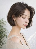大人ボブパーマ大人前髪落ち着きオリーブブラウン肩上ボブ