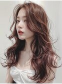 ハイレイヤー　ピンクブラウン　長め前髪　博多美容室