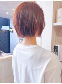 福山市美容室Caary外ハネミニボブ・赤みレッドオレンジカラー