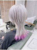 クラゲヘアウルフカット/ホワイトシルバー/エンドカラーピンク
