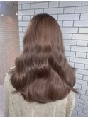 小顔セミウェットウェーブピンクベージュハイライトカラー