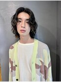 メンズミディアムボブウルフレイヤーハイライトパーマ