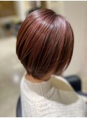 ロングからのショートへバッサリカットオレンジピンクカラー