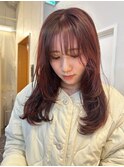 顔周りレイヤーカット ピンクブラウンカラー 艶カラー ロング