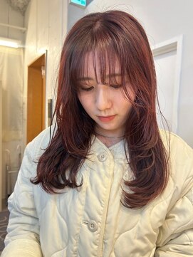 パークヘア 天神大名(parc hair) 顔周りレイヤーカット ピンクブラウンカラー 艶カラー ロング