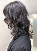 ウルフカット、ミディアム、パーマヘア、スパイラルパーマ