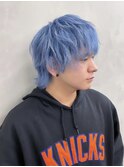メンズウルフ/ハイトーンウルフ/水色カラー/メンズカット
