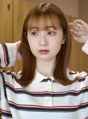 コーラルオレンジ ミディアムヘア くびれヘア ラウンドバング