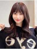 黒髪/グレーベージュ/レイヤーロング/前髪パーマ