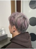 ★メンズ，ショート，ブリーチ，ハイライト，グレー，ピンク