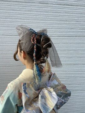 メンズアンドレディース モテナ 水引アレンジ、フィガーエイト風、着物ヘア