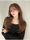 ロングレイヤーカット顔周りシールエクステ秋ヘーゼルグレージュ