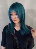 ターコイズブルー/前髪/顔まわりレイヤー