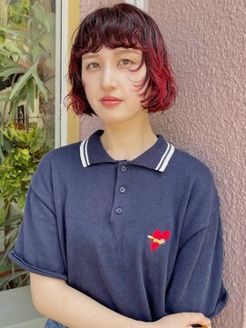 コンビネーション(combination) レッドピンクカラー　ミニボブパーマ　ブリーチ履歴対応パーマ