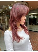 顔まわりレイヤーカットブリーチなし暖色カラーボルドーレッド