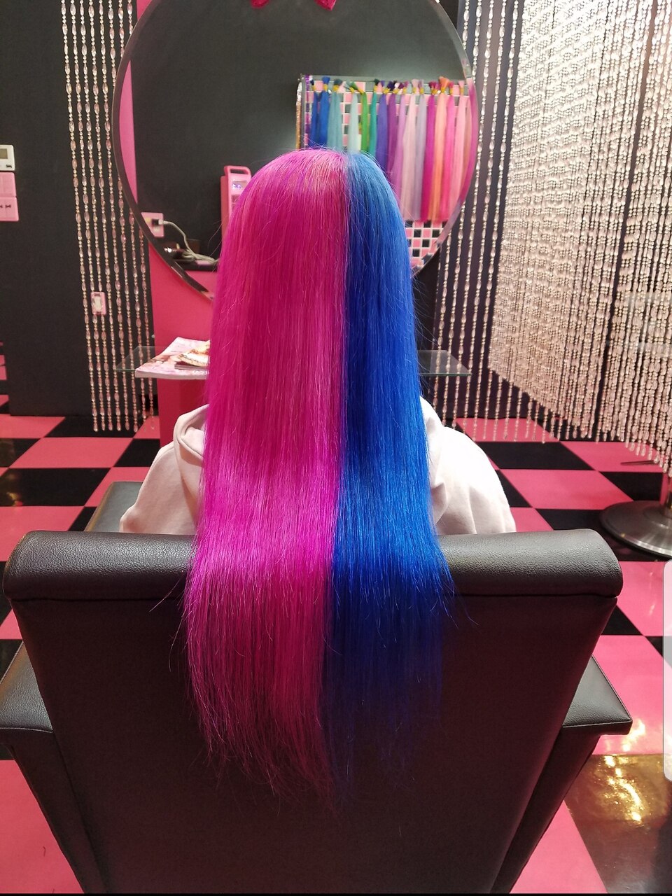 原色派手髪 ツートン 原色ピンク 原色ブルー エクステ5本：L032557949