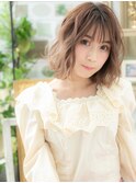 細めハイライトくすみベージュ小顔ボブパーマh4戸頭20代30代40代