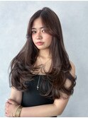 ロング顔周りレイヤー韓国ヘアココアベージュ_F50921