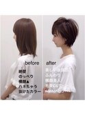 前髪あり前髪なしのショートボブペールベージュ 外ハネボブ