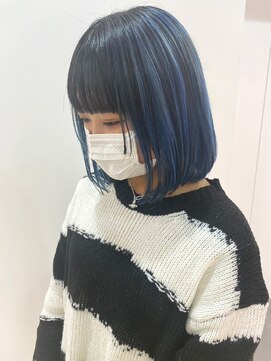ギグスダブル 栄店(gigs double) ぱっつんボブ/ブルー&ブラック