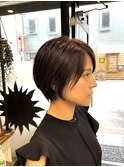 ロングショートワンカールパーマカーキグレージュ前髪錦糸町