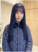 ぱっつん前髪/レイヤーロング/ネイビーグレー/ブルーカラー
