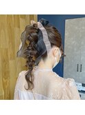 大人可愛いポニーリボンアレンジ編みおろしウェーブmaaya