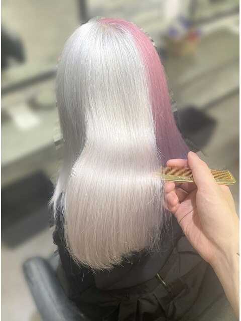 ツートンカラー#ホワイト×#ピンク#髪質改善#艶髪#ハイトーン