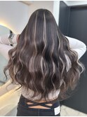 ダークグレージュミルクティーベージュハイライトメッシュ