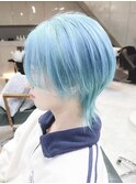 水色カラー　ツーブロックマッシュ ロングウルフカット
