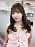 グレージュロングオリーブグレー韓国ヘア顔周りレイヤー_F41107