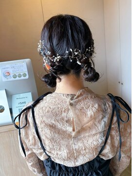 マイ ヘア デザイン 岡崎(MY hair design) うなじスッキリツイン団子アップ結婚式二次会花嫁 ドレス着物