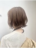 黒髪/グレーベージュ/レイヤーロング/前髪パーマ/