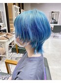 水色カラーツーブロックマッシュショート  ウルフハイライト