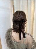 ハーフアップ ベロアリボン ボブアレンジ 参列ヘア イベントヘア