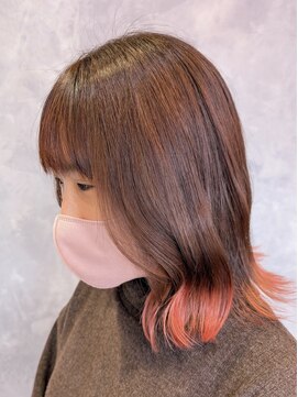 ザ ラブズ ラフズ ヘアー 本店(the loves laughs hair) 春のピンクオレンジ/外はね/毛先カラー/レイヤーボブ