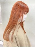 オレンジベージュ/ロングヘア/ぱつんとロング