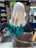 ホワイトカラー毛先エメラルドグリーン【ヘアカラー】【派手髪】