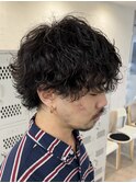 メンズウルフ波巻きツイストスパイラルMIXツーブロックパーマ