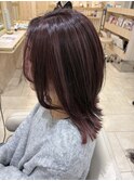 白髪ぼかしハイライトピンクーべージュ切りっぱなしレイヤー
