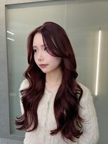 ボタン ハカタ(VOTAN hakata)&nbsp;博多/韓国ヘア/センター分け/ワインレッドカラー/レイヤーロング