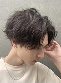 メンズミディアムパーママッシュウルフカット波巻きスパイラル