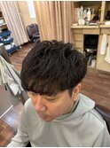 ナチュラルパーマツーブロックマッシュ刈り上げ