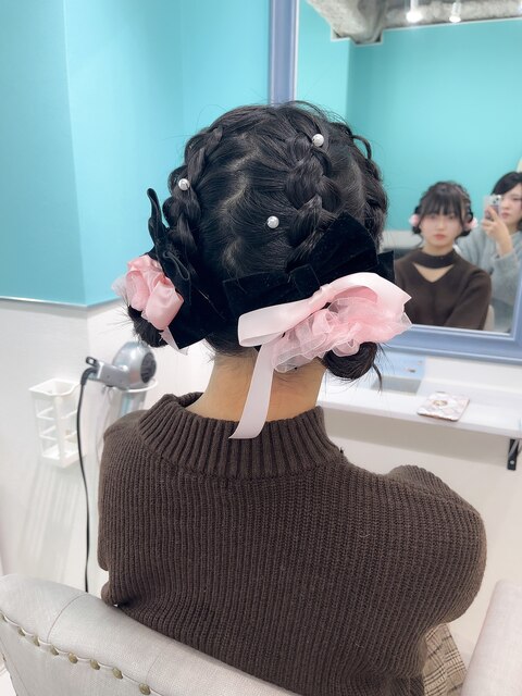 卒業式ヘアセット　袴ヘア　ヘアメ　ツインおだんご