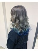 #LEMO #ターコイズブルー裾カラー #シルバーアッシュ #ウルフ