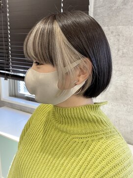 ルーブ トウキョウ(Loob. TOKYO) インナーカラーピンクベージュ前髪デザインカラー黒髪シルバー